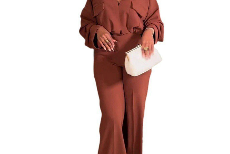 Casual V - neck Long Sleeve Top Wide - leg Trousers Suit - Urban Mart