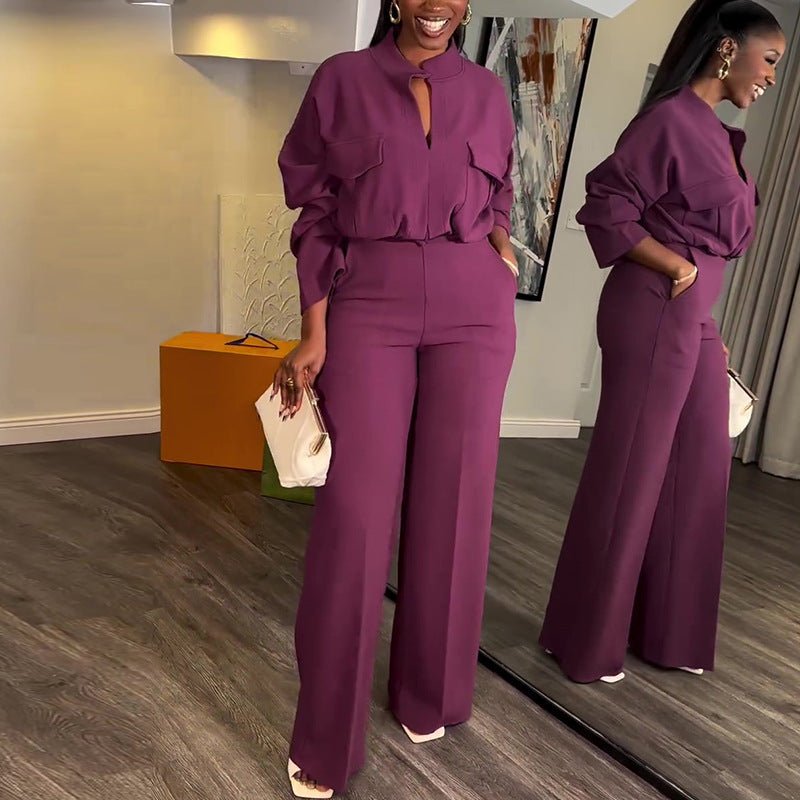 Casual V - neck Long Sleeve Top Wide - leg Trousers Suit - Urban Mart