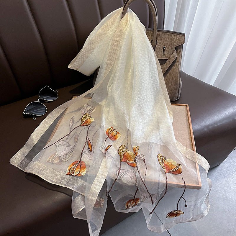 Chinese Style Pearl Flower Scarf Women's Embroidered Silk Scarf Warm Shawl - Urban Mart