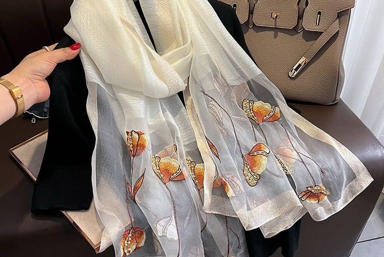 Chinese Style Pearl Flower Scarf Women's Embroidered Silk Scarf Warm Shawl - Urban Mart