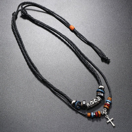 Creative Beaded Multi - layer Alloy Cross Leather Necklace - Urban Mart