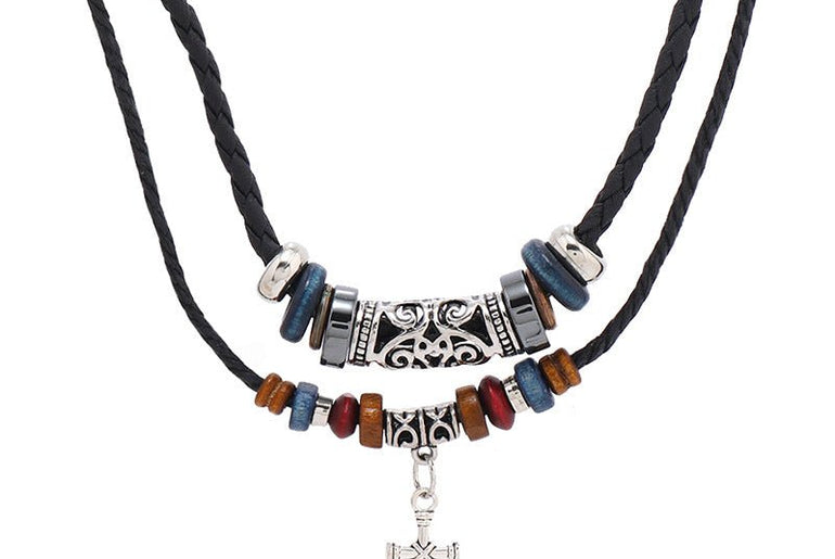 Creative Beaded Multi - layer Alloy Cross Leather Necklace - Urban Mart