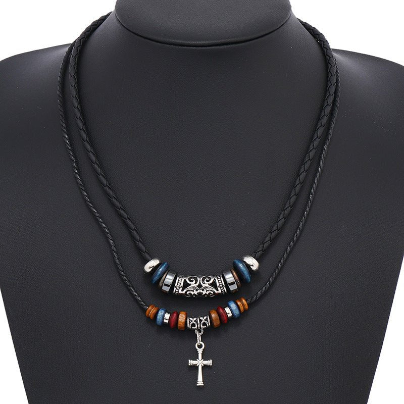 Creative Beaded Multi - layer Alloy Cross Leather Necklace - Urban Mart