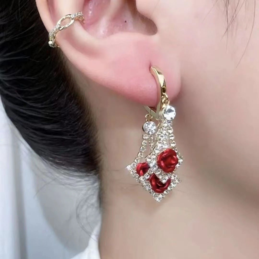 Elegant Diamond Rhinestone Lovely Rose Earrings - Urban Mart