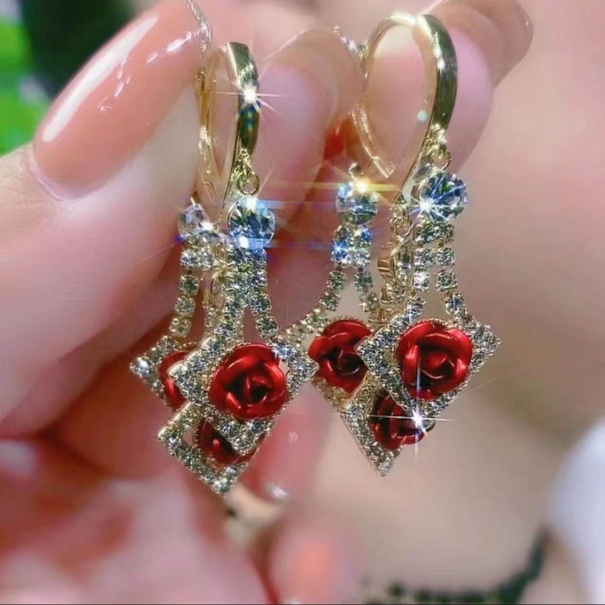 Elegant Diamond Rhinestone Lovely Rose Earrings - Urban Mart