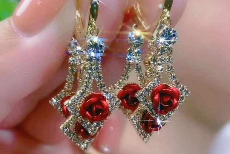 Elegant Diamond Rhinestone Lovely Rose Earrings - Urban Mart