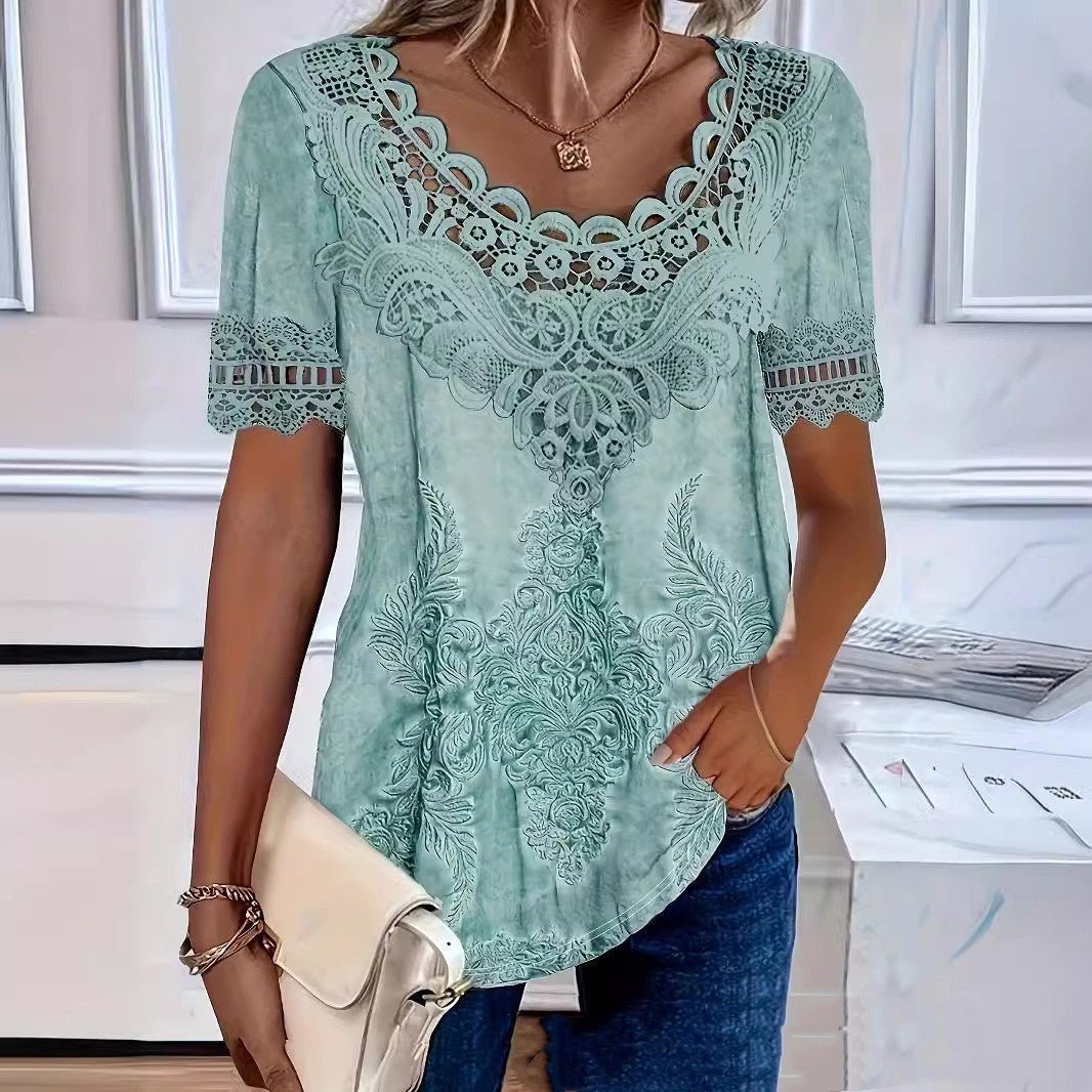 Fashionable Elegant Casual Hollow Lace Women's T-shirt - Urban Mart