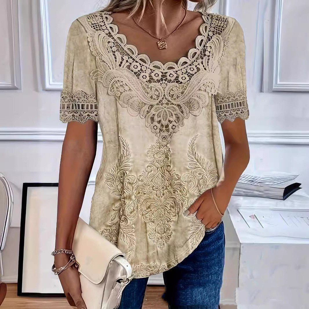 Fashionable Elegant Casual Hollow Lace Women's T-shirt - Urban Mart