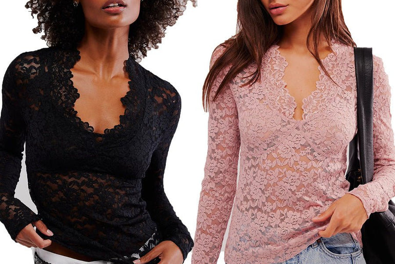 Hollow Lace Long - sleeved Top Bottoming Shirt V - neck - Urban Mart