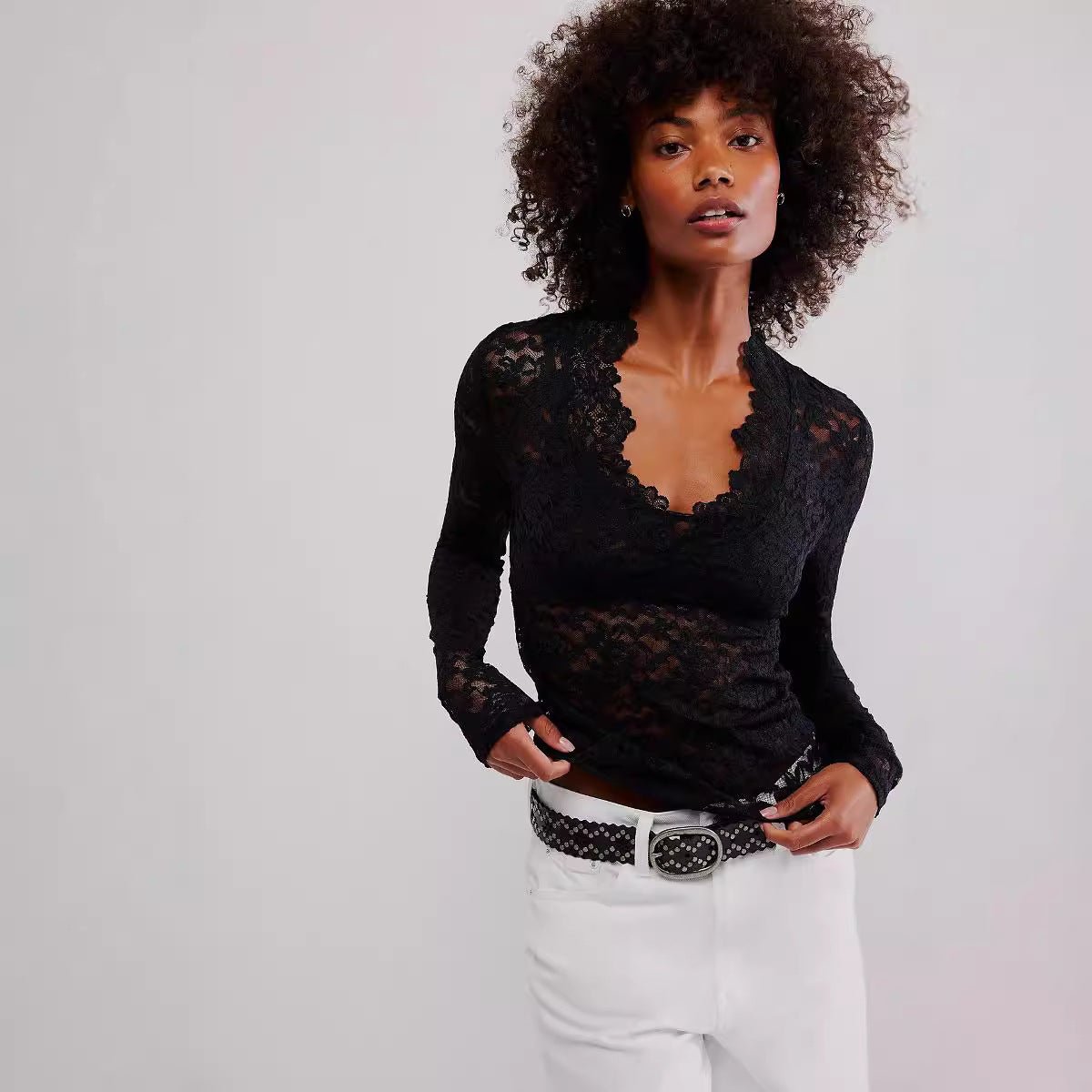 Hollow Lace Long - sleeved Top Bottoming Shirt V - neck - Urban Mart