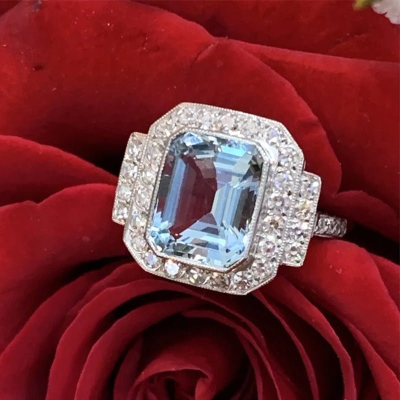 Luxury Square Sea Blue Zircon Ring For High - end Anniversary Celebration - Urban Mart