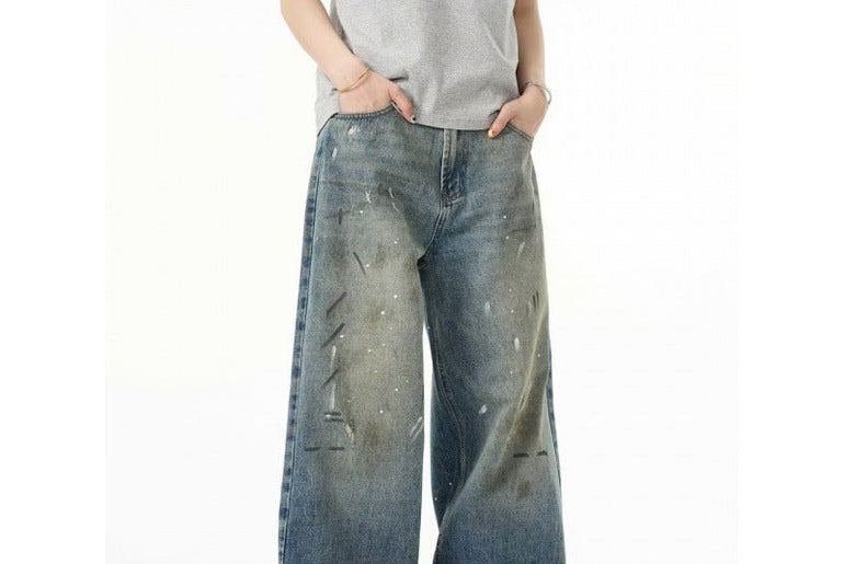 Splash - ink Jeans Men's Retro Washed Distressed Baggy Straight Trousers - Urban Mart