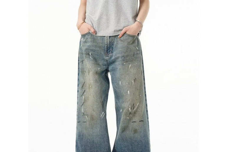 Splash - ink Jeans Men's Retro Washed Distressed Baggy Straight Trousers - Urban Mart