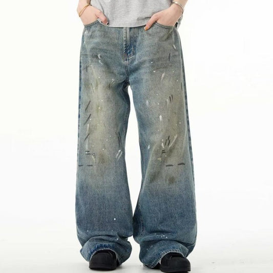 Splash - ink Jeans Men's Retro Washed Distressed Baggy Straight Trousers - Urban Mart