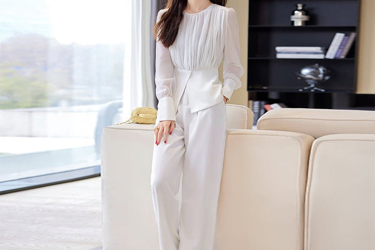 Stitching Ruffle Top Fashionable Wide Leg Pants Suit - Urban Mart