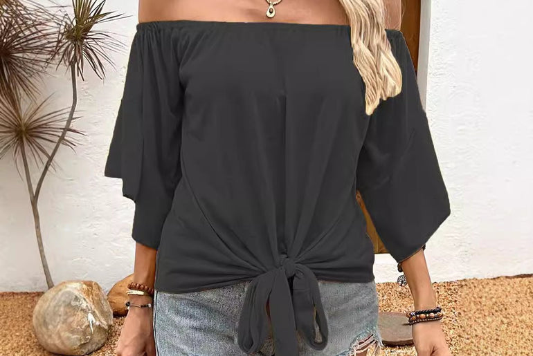 Summer Fall Women's Clothing Solid Color Off - shoulder Casual T-shirt Top - Urban Mart