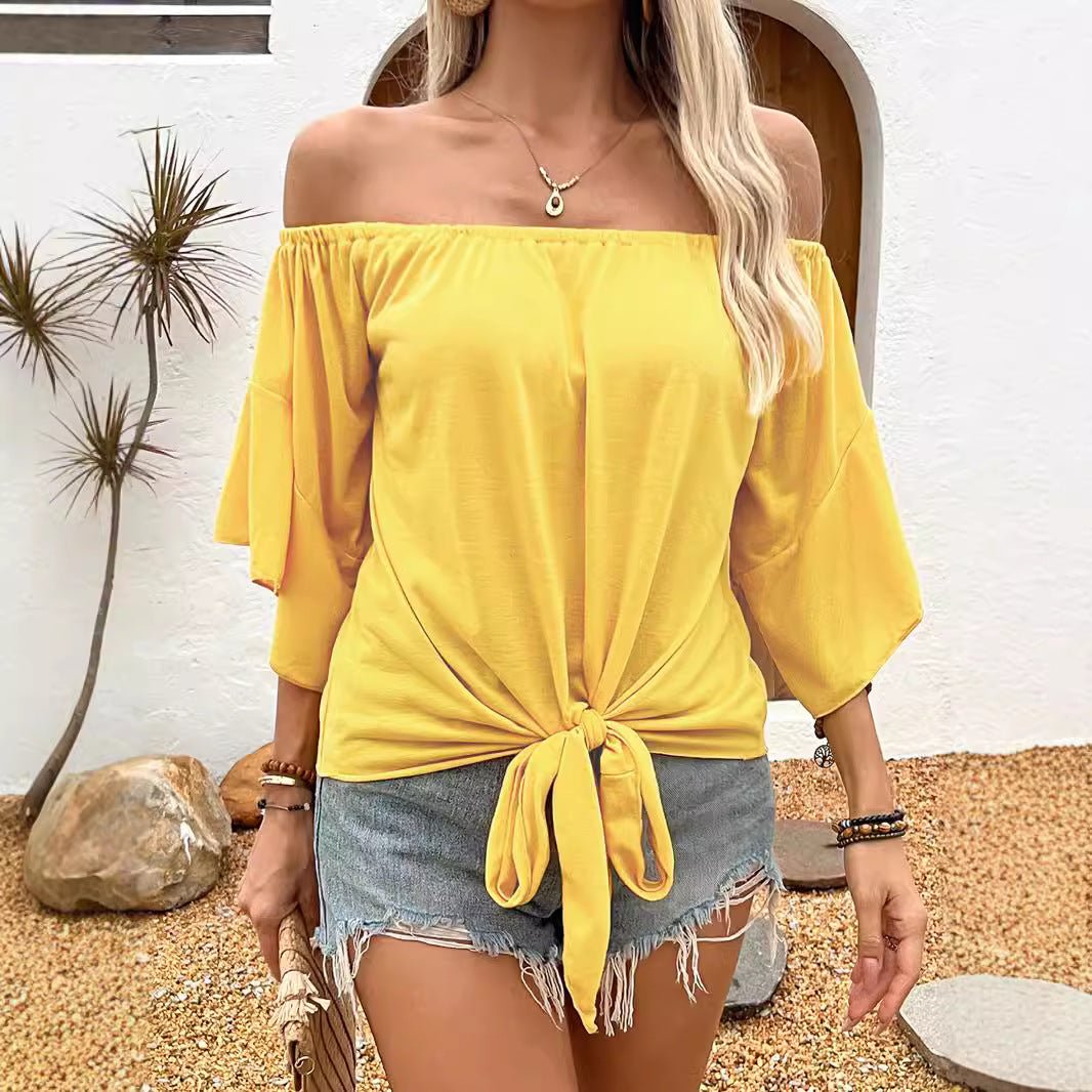 Summer Fall Women's Clothing Solid Color Off - shoulder Casual T-shirt Top - Urban Mart