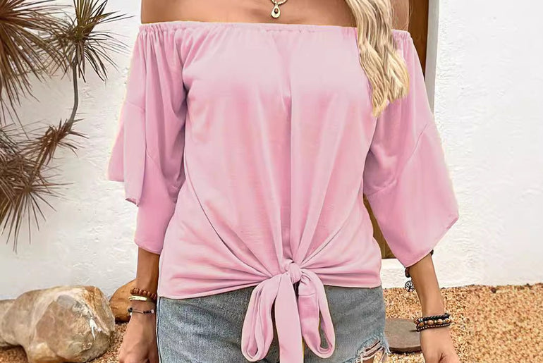 Summer Fall Women's Clothing Solid Color Off - shoulder Casual T-shirt Top - Urban Mart